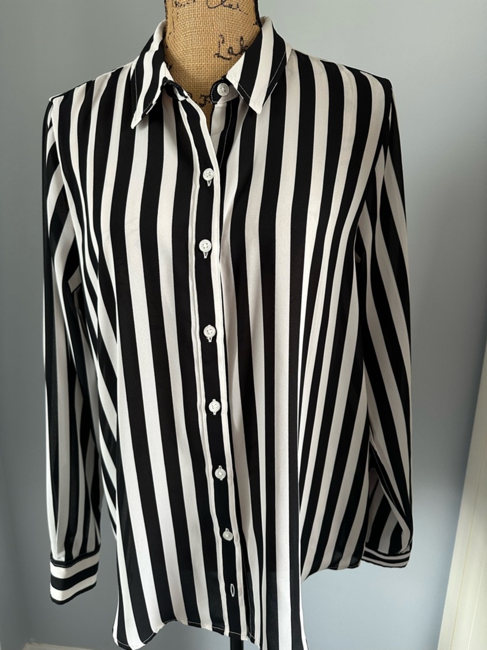 Black and White Vertical Stripe Button-Up Blouse